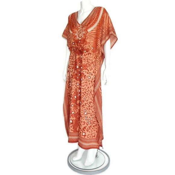 Laddi Beautiful Indian Desert Red Southwestern Muumuu Kaftan Maxi Dress OS - 168 - Picture 4 of 6